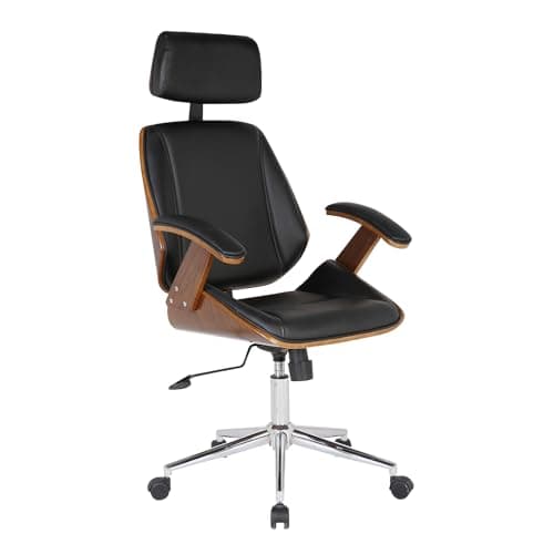 Armen Living Century Office Chair in Black Faux Leather and Walnut Wood, Chrome Finish
