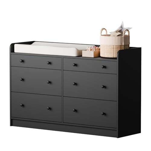 Cozy Castle Baby Dresser with 6 Drawers and Large Table Top, Multi-Functional Chest of Drawer, Drawer Dresser with Three-Sided High Rails for Nursery, Children's Room, Bedroom, Black