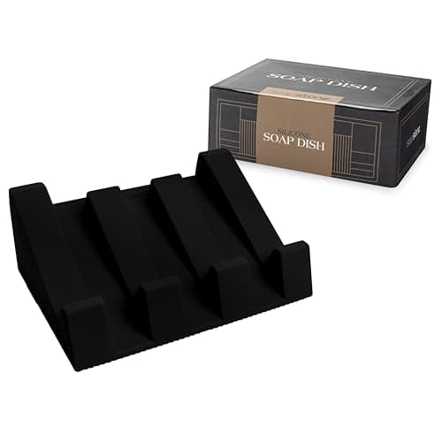 iSoapStone Silicone Soap Dish (USA Patented) Self Draining Bar Soap Holder for Shower Bathroom Sink, Drying Soap Dish Tray Sponge Holder Easy Cleaning Soap Saver Travel Accessories (Black, 1)