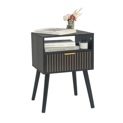 MaxSmeo Black Nightstand with Drawer, Mid Century Modern Bedside Table with Open Shelf Storage, End Table with Solid Wood Legs, Black