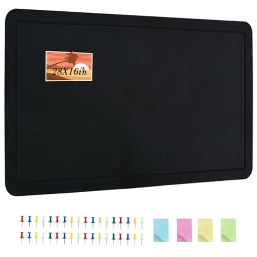 Vuzvuv Black 28"x16" Large Cork Board with 50 Push Pins & Sticky Notes, Self-Adhesive Bulletin Board for Wall, Felt Pin Vision Board for Paste Notes,Schedules Offices Home