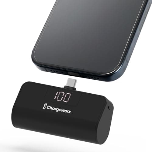 ChargeWorx Mini Portable Charger Power Bank with Built-in USB-C Connector, Compact 5,000 mAh Power Bank with Fast Charge Dual Output, Pass-Through Charging, LCD Display for Battery, Black