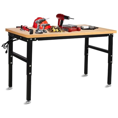 60'' Adjustable Workbench with Power Outlet, 2000 Lbs Capacity Work Benches for Garage, Wood Heavy Duty Work Bench,Shop Table for Shop Office Home Commercial
