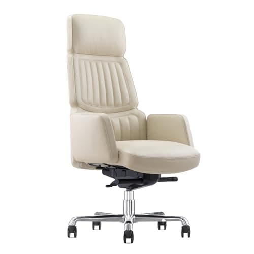 Executive Office Chair, Top-Grain Leather Office Desk Chair, Ergonomic High-Back with Headrest, Lumbar Support & Recline Lock – Ivory