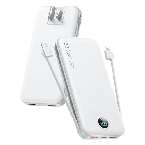 Portable Phone Charger, 12000mAh 22.5W Fast Charging Power Bank with Built-in Cables & Wall Plug, External Battery Bank with LED Display, Travel Essential Battery Pack for iPhone, iPad, Samsung White