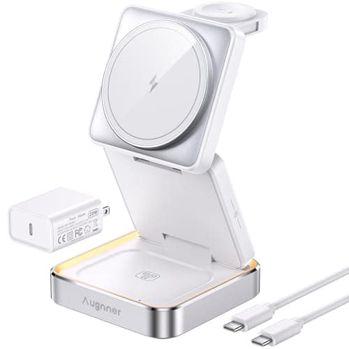 【2026 Upgraded】Wireless Charger 3 in 1, Foldable Wireless Charging Station with Light for Apple MagSafe Charger, Travel Magnetic Charger for iPhone 17/16/15/14/13/12 Apple Watch AirPods (20W Adapter)