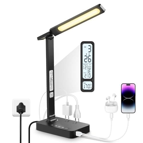 Infiway Desk Lamp with USB Charging Port: LED Stepless Dimmable Eye Caring Desk Light for Home Office - 1 Type-C, 1 USB-A Charging Port, 2 AC Power Outlets, Multiple Light Modes for Study and Bedroom