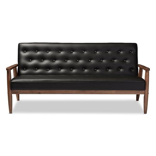 Baxton Studio Sorrento Mid-Century Retro Modern Faux Leather Upholstered Wooden 3-Seater Sofa, Black