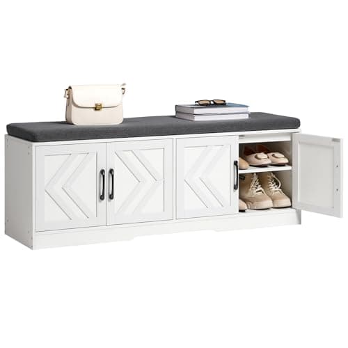 HOOBRO Shoe Storage Bench, Extra Long Mudroom Bench with Shoe Storage, Entryway Bench with Large Capacity, 2-Tier Shoes Rack with Padded Seat Cushion, 4 Barn Doors, Adjustable Shelves, WG120HX01 9