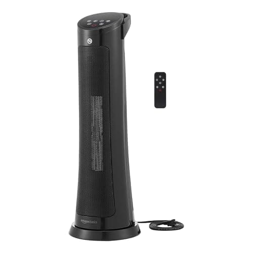 Amazon Basics 28-Inch Oscillating Tower Heater With Overheat and Tip-Over Protection, Fast Heating, 2 Heat Settings, Fan Mode, Timer, Remote Control, LED Display, 1500W, 9.4"D x 9.4"W x 28.6"H, Black