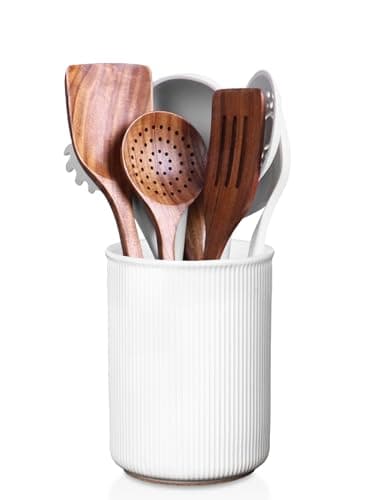 LoeJan 6.7" Utensil Holder, Ceramic Kitchen Utensil Holder with Cork Bottom, Large Utensil Crock for Countertop, Vintage Cooking Tool Organizer Set for Kitchen Counter Decor(White)