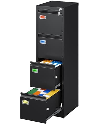 PEUKC 4 Drawer File Cabinet, Vertical Filing Cabinets with Lock, Metal File Cabinets for Home Office, Anti-Tip 4 Storage Drawers for Letter/Legal/A4/F4 Size (Assemble Required, Black)
