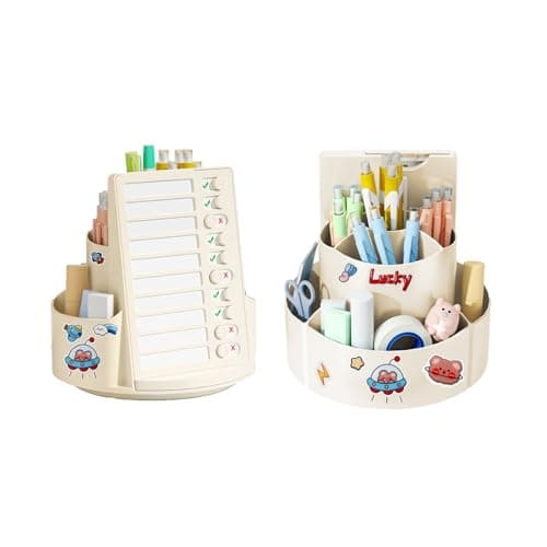 HAIYIGOGE 360 Degree Rotating Pen Holder for Desk Pencil Holder Plastic Cute Pen Organizer with Chore Chart for Desk, Office, School, Study, Stationery supply (WHITE)