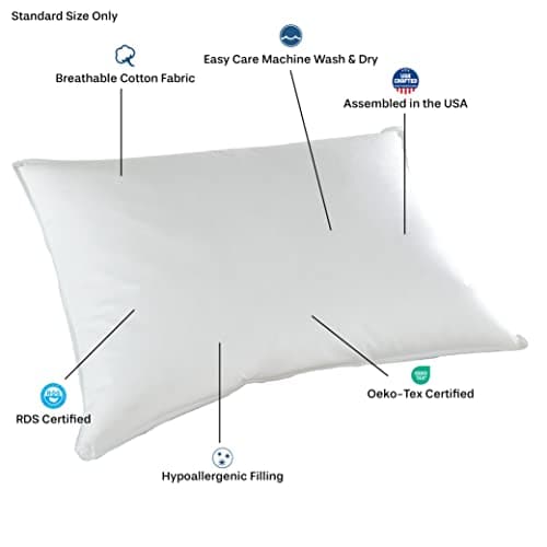 DOWNLITE Flat & Soft Down Pillow – Hypoallergenic Premium Down (Not Feathers) – Standard Size, 20 x 26 8