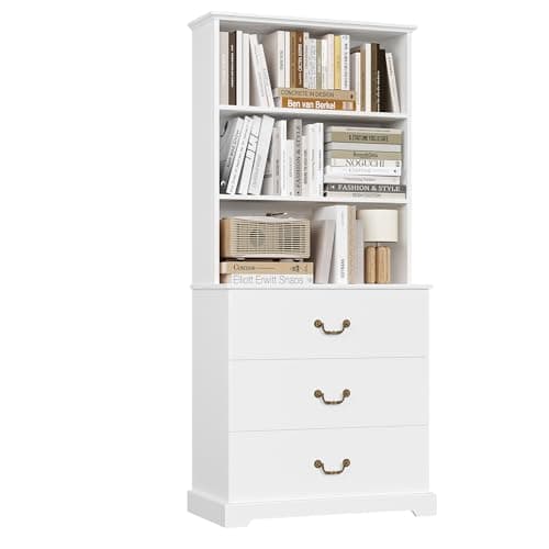HIFIT 71" H White Bookshelf with Drawers, 31.5" Wide Bookshelves and Bookcases with 3 Extra Large Drawers & 3 Open Deep Shelves, Vintage Tall Storage Cabinet for Home Office, Living Room