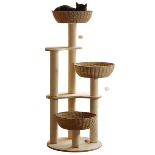 Felivecal 54" Modern Cat Tree for Large Cats, Wood Luxury Multi-Level Oak Solid Wood Cat Trees and Towers，w/3 Weaving Cat Nests & Washable Cushions, Sisal Scratching Posts, for Indoor Cats-Lacquered 5
