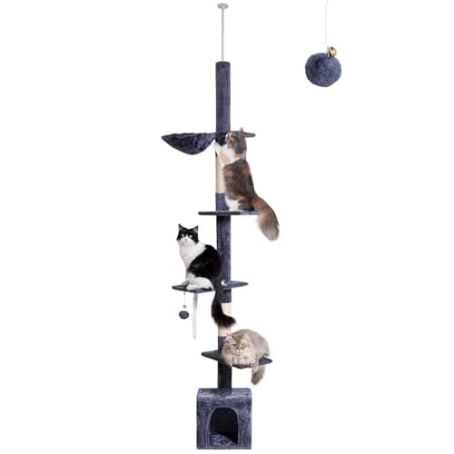 Floor to Ceiling Cat Tree, 5-Tier Height (95-109 inches) - Adjustable Cat Climbing Tower with Sisal Scratching Posts, Cat Condo, Hammock, Platforms, and Hanging Balls