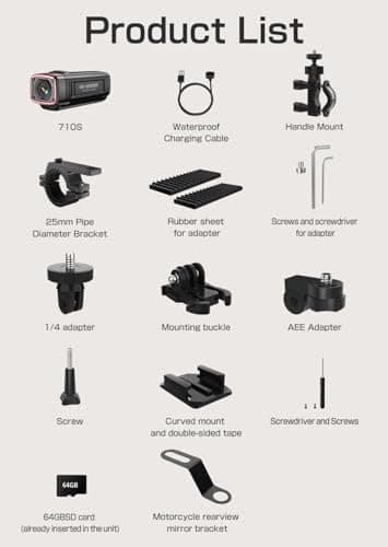 AKEEYO AKY-710S Motorcycle Camera 4K 28fps, 2K 55fps, Wide-Angle 142°, IP67, 5MP, Loop & Emergency Recording, Parking Monitor, Motorcycle Bike,Outdoor Sports, Rechargeable, 64GB Card Included 6