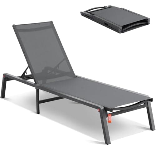 VEVOR Chaise Lounge Chair Outdoor, Aluminum Patio Lounge Chairs with Adjustable 5-Position, Folding Pool Chair Recliner and Full Flat Tanning Chairs for Patio, Beach, Pool, Dark Grey