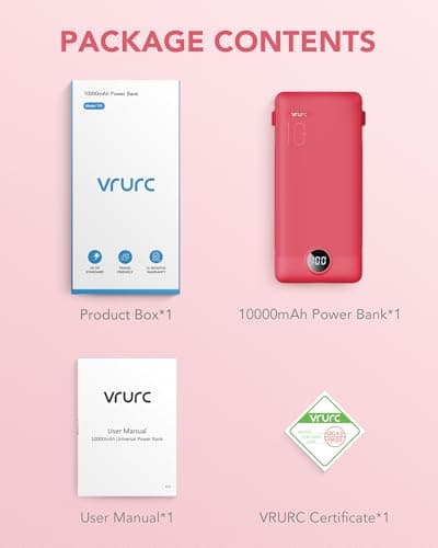 Portable Charger Built-in Cables and AC Wall Plug, VRURC USB C Power Bank 10000mAh, Travel Battery Portable Phone Charger Compact Lightweight External Battery Pack for SmartPhones,Tablets-Viva Magenta 8