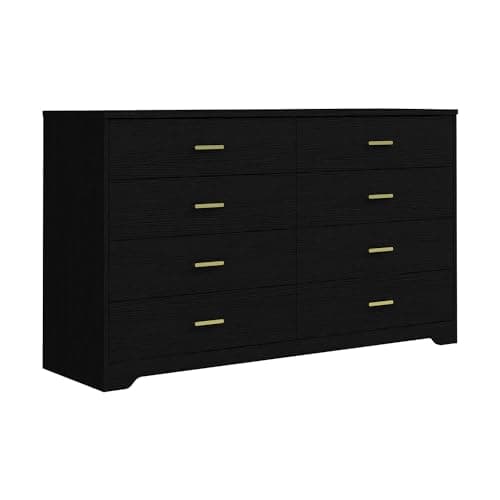Panana 8 Drawer Wood Lateral Dresser, Big Wide Chest of Drawers Storage Organizer with Metal Gold Handles Home Bedroom (Black)