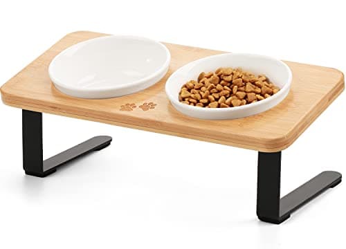 Ceramic Elevated Cat Bowls with 10° Tilted, Anti Vomiting & Whisker Friendly Food and Water Bowls with Bamboo Stand(Anti-Slip Feet), Raised Cat Food Bowls for Indoor Cats & Puppies, Dishwasher Safe 9