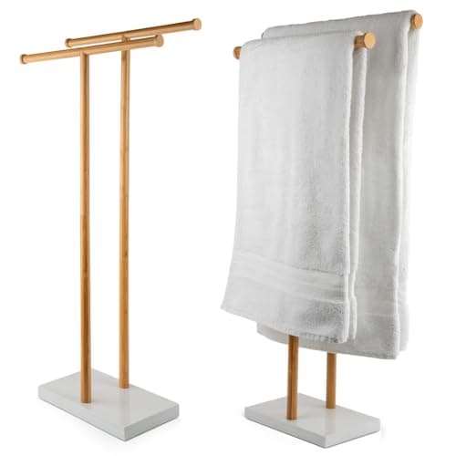 luxedry Standing towel Rack -2-Tier Bamboo Towel Rack with Marble Base - Standing Towel Rack for Bathroom - Towel Holder Stand Display - Drying Towel Rack