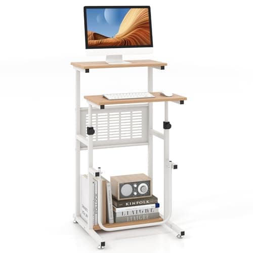 Tangkula Small Standing Desk, Height Adjustable Teacher Podium Stand, Compact Standing Table Lectern Podium, Laptop Desk with Footrest, Suitable for Sitting or Standing