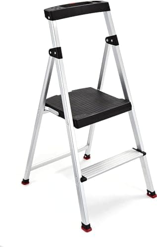 Rubbermaid 2-Step Ladder, Aluminum Lightweight Folding Step Stool with Project Top, Silver, Tested to US Safety Standards, No Assembly Required