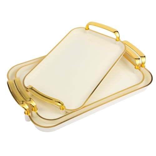 Aayoruro Serving Tray with Handles Set of 3 Rectangular Large Serving Platters 16.5/14.9/13.2 Inch White Plates for Dinner, Party, Entertaining, Cream Gold