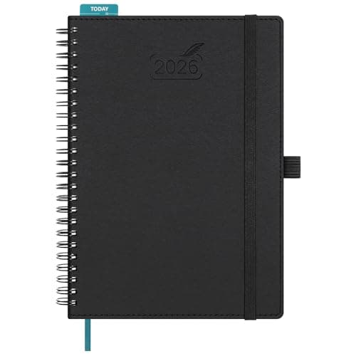 BEZEND 2026 Planner Weekly and Monthly (6" x 8.5" Spiral) Daily Calendar with Hourly Timeslots & Tabs (Jan-Dec) Note & Expenses, Pen Holder, Inner Pocket, Vegan Leather Softcover - Black