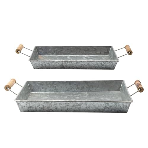 AuldHome Design Galvanized Farmhouse Trays (Set of 2, Small & Medium); Farmhouse Decor Rectangular Trays w/Handles