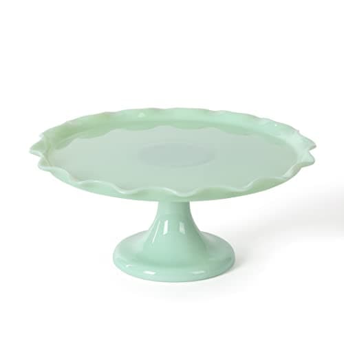 Martha Stewart Highbrook 11" Jadeite Glass Cake Stand – Handmade Vintage-Style Dessert Stand with Ruffle Trim, Decorative Pedestal Cake Plate for Display & Serving