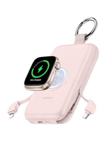 RORRY Portable Charger, 10000mAh PD 20W Fast Charging Portable Charger Power Bank with Built in Cables, Travel Battery Pack for iPhone 17/16/15/14/13/12 and Apple Watch Ultra/11/10/9/8/7/6/5, Pink