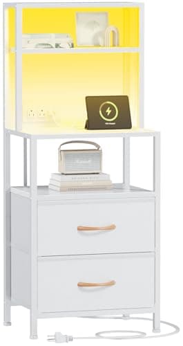Furnulem Night Stand, Tall White Nightstand with 4-Tier Shelves, 2 PU Fabric Drawers and Light Tube, Bed Side Tables with Charging Station, Bedside Table for Bedroom