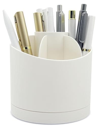Lebenrich Rotating Pen Holder for Desk, Cute Desk Pencil Holder Cup for Home Office School, White Makeup Brush Holder Organizer Make up Cosmetics Container Storage Stand for Women Girls