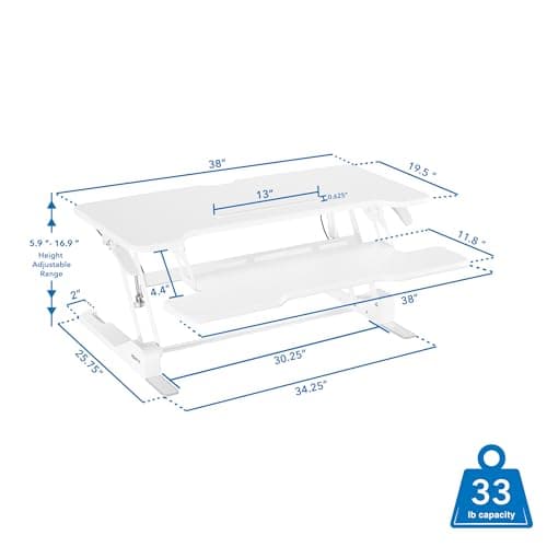Mount-It! Standing Desk Converter White 38” Wide Height Adjustable Stand Up Desk Riser, Desk Topper with Gas Spring, Desktop Standing Desk with Keyboard Tray Fits Two Monitors 3