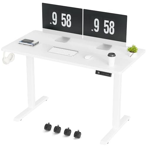 Furmax Electric Standing Desk, 47 x 24 Inches Height Adjustable Desk with Removable Casters, Home Office Computer Desk (White)