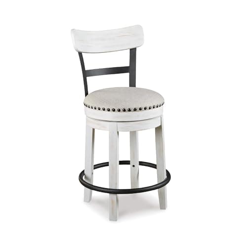 Signature Design by Ashley Valebeck Barstool, Rustic-Industrial Counter Height Chair, 360° Swivel, Wood & Metal Frame, Cushioned Seat, Ideal for Kitchen Island with Seating, Vintage White