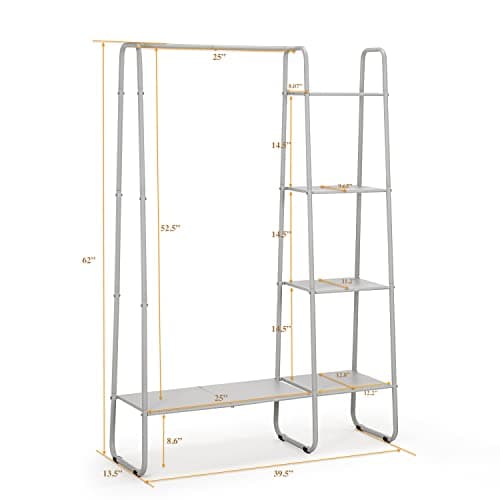 SunnyPoint Open Closet Garment Rack with 4-Tier Shelves & Bottom Storage Shelf, Freestanding Open Wardrobe Clothes Rack Organizer with Hanging Rod for Bedroom Closet. (OFF-WHITE) 5