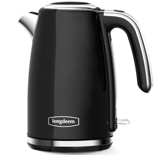 Electric Kettles 1500W for Boiling Water, Longdeem Retro 1.7L Stainless Steel Hot Water Boiler with Automatic Shut Off & Boil Dry Protection, Black