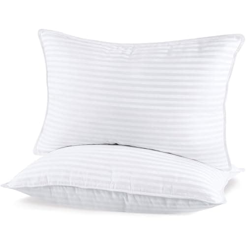 Sherwood Queen Size Cotton Pillow Set, 2 Pack Down Alternative Fiberfill Hotel Pillows for Sleeping (White Strips, Queen 20x30 inches)