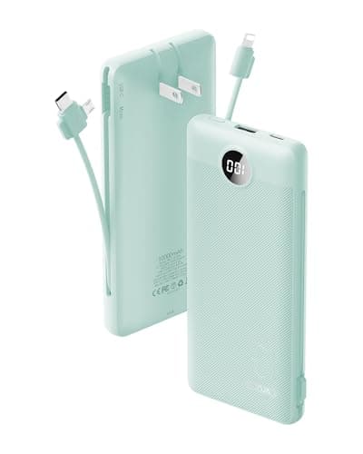 VRURC Portable Charger Built-in Cables and AC Wall Plug, USB C Power Bank 10000mAh, Travel Battery Portable Phone Charger Compact Lightweight External Battery Pack for Smart Phones, Tablets etc-Green
