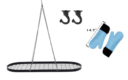 Black Hanging Pot and Pan Rack Organizer Space-Saving Ceiling Mount Cookware Storage Rack 2 Heavy Duty Swag Hangers and 15 S-Hooks; Bonus - 2 Heat Resistant Oven Mitts.Colgador Para ollas Y Sartenes. 9