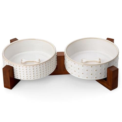 MALACASA Dog Bowl Set with Walnut Wood Stand, 1.5 Cups Ceramic Pet Bowls for Puppy Dogs, Dual Food and Water Bowls with Weighted Non-Slip Base, Basic Bowls for Your Dog or Cat, Rhombic & Polka Dots