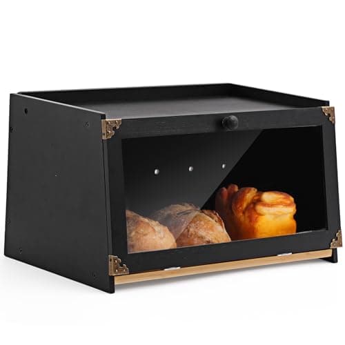 Tiagowell Bread Box for Kitchen Countertop, Large Capacity Bread Storage Container, Bamboo Breadbox with Window, Farmhouse Bread Box for Kitchen, Pantry, Cabinet, Cupboard, Bread Holder (Black)