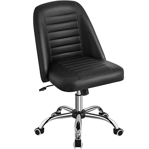 Yaheetech Mid Back PU Leather Armless Desk Office Chair, Modern Vanity Chair with Rolling Wheels, Metal Base Black
