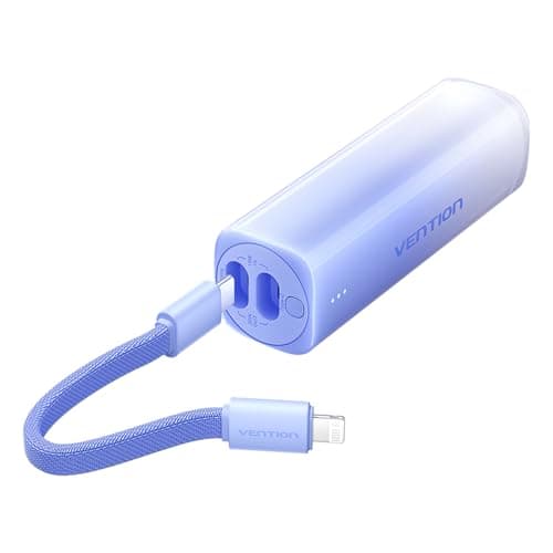 VENTION Portable iPhone Charger, Built-in USB-C & Lightning Cables, Mini 20W PD Fast Charging Small Power Bank, 5000mAh LED Display Fuel Rod for iPhone 17/16/15/14/13/12, Samsung Galaxy S25/24–Blue