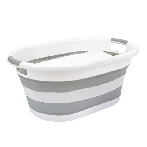 Laundry 360 Collapsible Laundry Basket | Portable | Space Saver Storage | 27 Liter Capacity | Store Under the Bed or Closet | Good for Kids | Dorm | Bedroom | Large | White/Grey