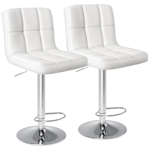 DUMOS Bar Stools Set of 2, Armless Adjustable Swivel Barstools, PU Leather Hydraulic Kitchen Counter Height Bar Stools, Thickened Seat Cushion Square Island Barstools with Back, White